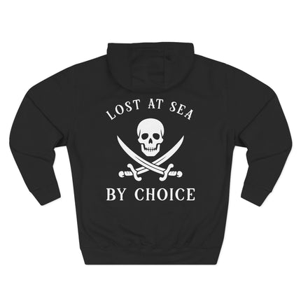 Lost At Sea skull and crossbones graphic on a black pullover hoodie.