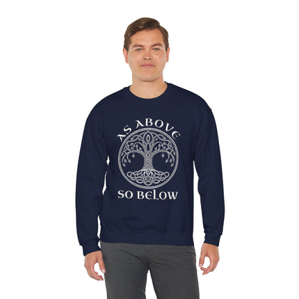 Celtic Tree of Life sweatshirt featuring Yggdrasil knotwork and "As Above So Below" text.