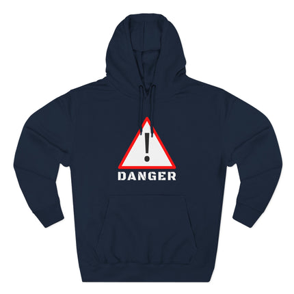 Red warning sign and "DANGER" text graphic printed on a navy pullover hoodie.