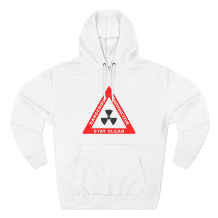 White hoodie featuring a red radioactive hazard warning sign and "Dangerous Stay Clear" graphic.