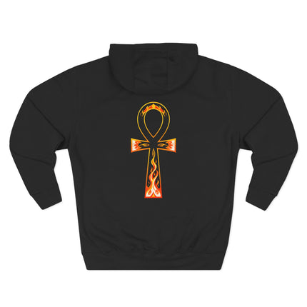 Black hoodie featuring a glowing, flaming Ankh symbol of eternal life.