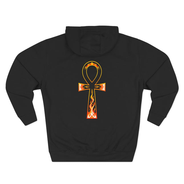 Black hoodie featuring a glowing, flaming Ankh symbol of eternal life.