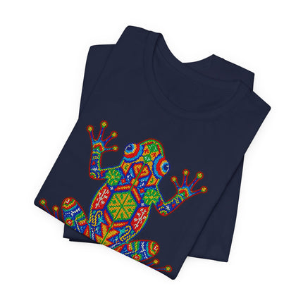 Colorful Huichol art frog graphic tee featuring vibrant Mexican indigenous mosaic folk art design.