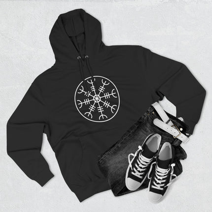 Black hoodie featuring the white Aegishjalmur Norse symbol, representing the Viking Helm of Awe.