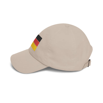 Tan baseball cap with embroidered German national flag.