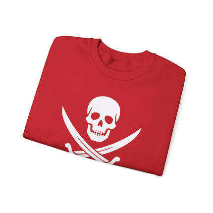 Pirate skull graphic sweatshirt featuring crossed sabers and "Rum Before Reason" text design.