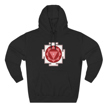 Black hoodie featuring a red sacred geometry Yantra symbol for spiritual or goddess themed apparel.