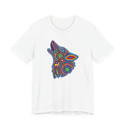 Vibrant Huichol art howling wolf graphic tee, featuring Mexican folk and bohemian style patterns.