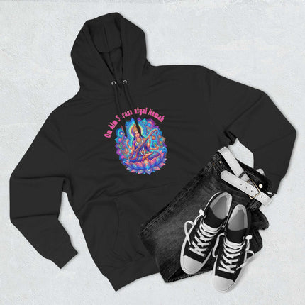 Saraswati Goddess mandala art hoodie featuring Om Aim Saraswatyai Namah Hindu mantra.