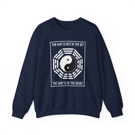 Navy sweatshirt featuring the Yin Yang symbol and Taoist wisdom: "The Way Is In The Heart.