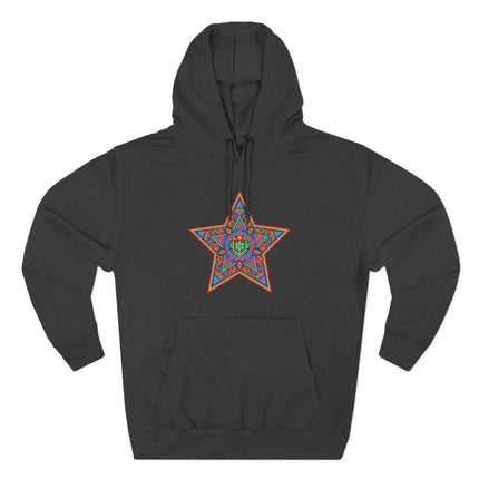 Vibrant geometric Huichol star art print on a black unisex hoodie.