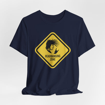 Headbanging Zone rock graphic tee featuring a yellow warning sign and metal silhouette.