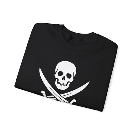 Rum Before Reason" pirate skull graphic featuring crossed sabers on a unisex sweatshirt.