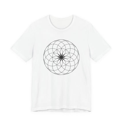 Black sacred geometry flower of life print on a white unisex t-shirt.