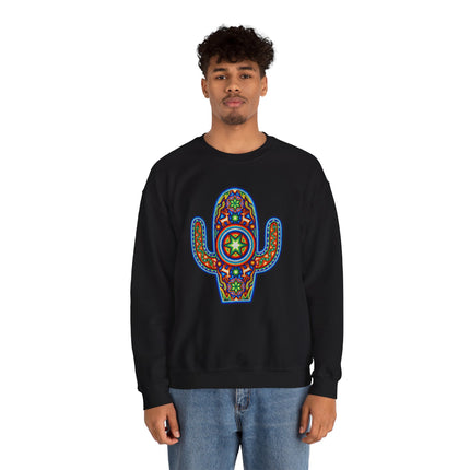 Colorful Huichol cactus design on black sweatshirt, featuring vibrant Mexican indigenous art.