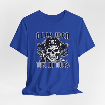 Pirate skull graphic tee with "Dead Men Tell No Tales" text on a blue t-shirt.