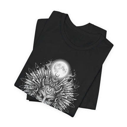 Lunar Deity Portrait Tee - Tribal Moon Mask Graphic Art T-Shirt