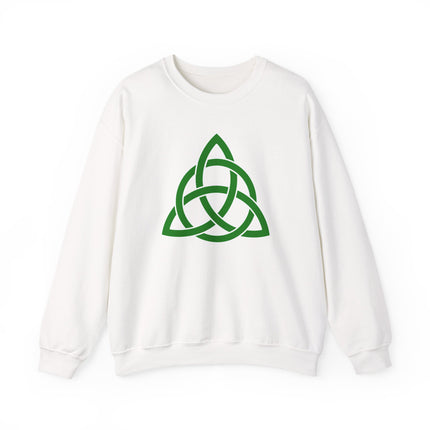 Green Celtic Triquetra knot graphic on a white pullover sweatshirt.