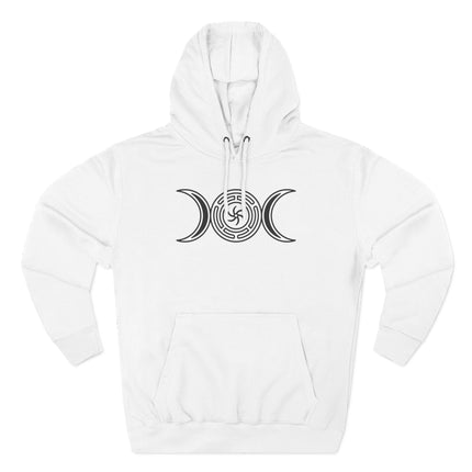 Hekate Triple Moon Goddess symbol graphic on a white pagan witchcraft hoodie.