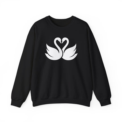 Swans forming a heart design on a cozy romantic couple's pullover sweatshirt.