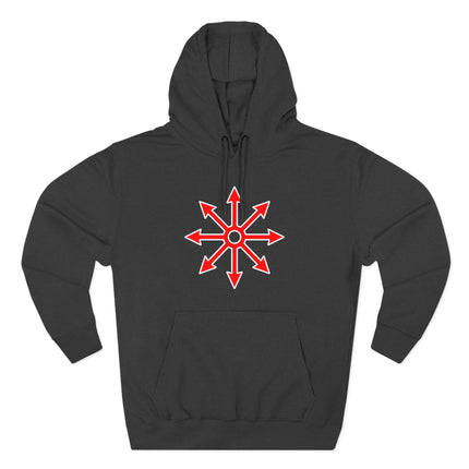 Red chaos star symbol graphic on a black pullover hoodie.