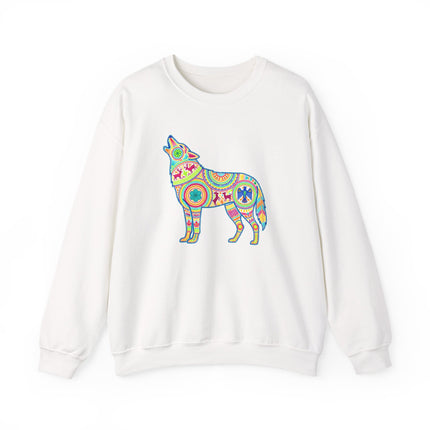 Vibrant Mexican folk art sweatshirt featuring a howling wolf in traditional Huichol style.