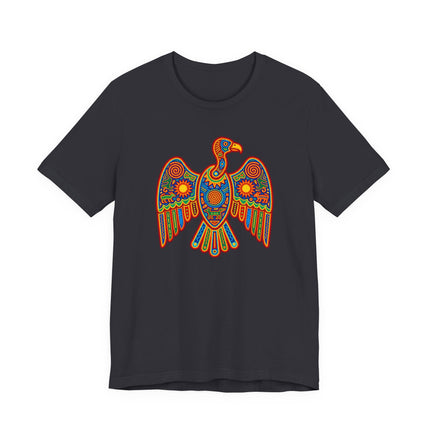 Colorful Huichol vulture graphic tee. Mexican indigenous folk art print on a black t-shirt.