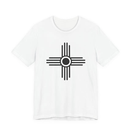 Zia Sun symbol graphic tee on a white t-shirt. Native American cultural design representing the four directions.