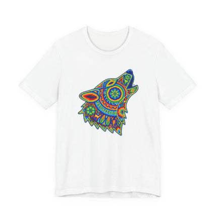 Huichol tribal art howling wolf graphic tee, colorful geometric mosaic design.