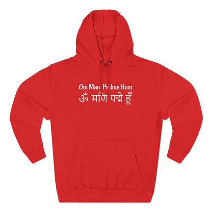 Red Om Mani Padme Hum mantra hoodie with Sanskrit Buddhist script print.