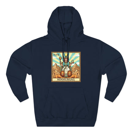 Ninhursag Sumerian Goddess graphic on a hoodie, depicting Mesopotamian mythology and lions.