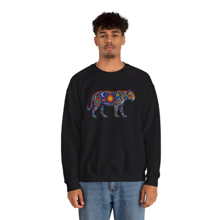 Colorful tribal jaguar art graphic on black unisex sweatshirt.