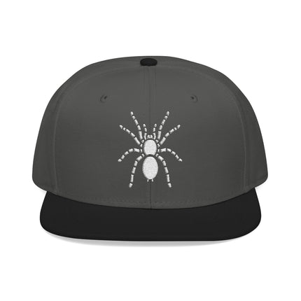 Black snapback cap featuring white embroidered spider tarantula art.