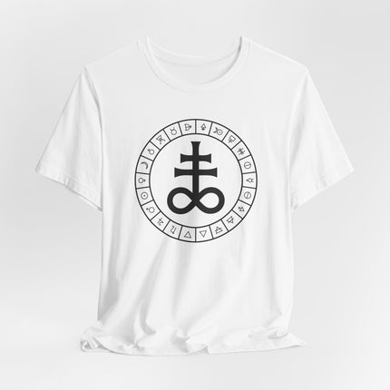 Graphic tee featuring the Leviathan Cross symbol within a circle of esoteric alchemical glyphs.