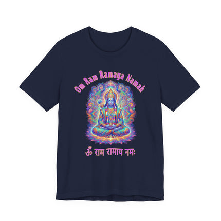 Psychedelic Lord Rama mandala t-shirt featuring the Om Ramaya Namah Hindu mantra.