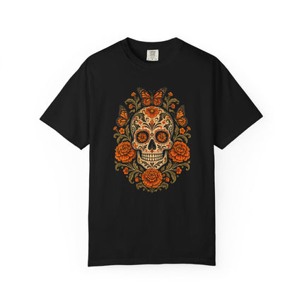 Skull with Butterflies T-Shirt | Orange Flowers and Calavera Art