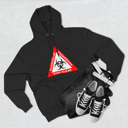 Black hoodie featuring a red biohazard warning sign graphic: Dangerous, Hazardous, Stay Clear.