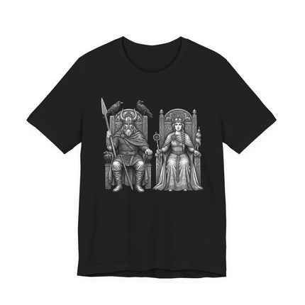 Odin and Frigg Norse gods illustration on a black t-shirt. Detailed Viking mythology graphic art.