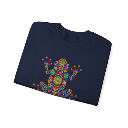 Vibrant Huichol frog art sweatshirt featuring geometric Mexican indigenous designs.