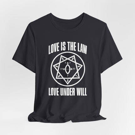 Love Is The Law occult t-shirt featuring the Star of Babalon heptagram symbol and "Love Under Will" text.