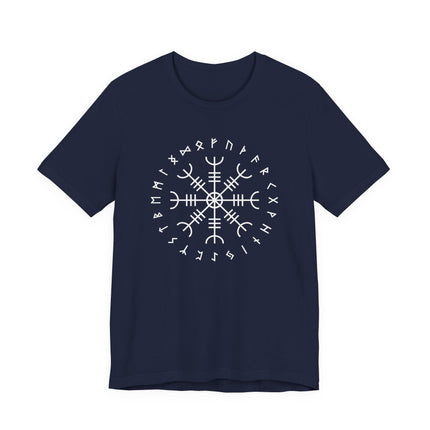 Norse rune graphic tee featuring the Aegishjalmur (Helm of Awe) design. Viking mythology apparel.