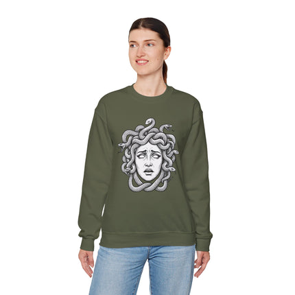 Greek Mythology Medusa Gorgon portrait with snakes for hair on a unisex sweatshirt.