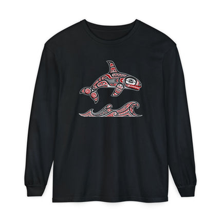 Formline Orca Long Sleeve T-Shirt | Red and White Ocean Graphic Tee