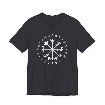 Black t-shirt with white Vegvisir rune compass and Norse runic circle design.