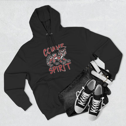 Black pullover hoodie with cougar spirit tribal art graphic.