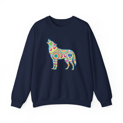Colorful Huichol art howling wolf sweatshirt featuring vibrant Mexican folk style pullover design.