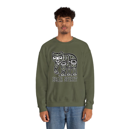 Unisex sweatshirt featuring a stylized Indigenous bear graphic and "BEAR SPIRIT" text.
