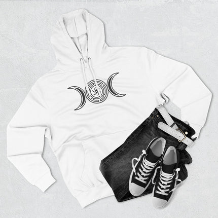 Hekate triple moon goddess symbol graphic on a white pagan witchcraft pullover hoodie.