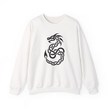 Celtic dragon knotwork graphic on a white unisex pullover sweatshirt.