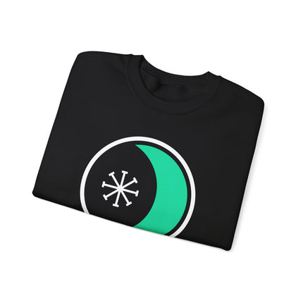 Pagan witch sweatshirt featuring crescent moon, wheel, and seax symbols for Wicca witchcraft theme.